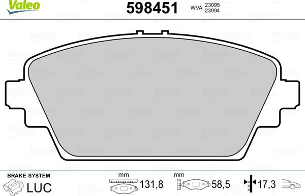 Valeo 598451 - Brake Pad Set, disc brake www.autospares.lv