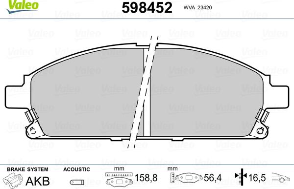 Valeo 598452 - Тормозные колодки, дисковые, комплект www.autospares.lv