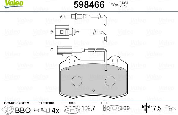 Valeo 598466 - Тормозные колодки, дисковые, комплект www.autospares.lv