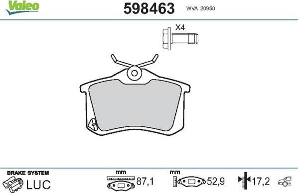 Valeo 598463 - Тормозные колодки, дисковые, комплект www.autospares.lv