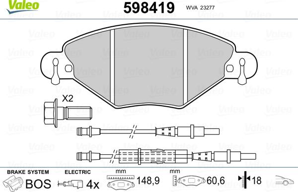 Valeo 598419 - Тормозные колодки, дисковые, комплект www.autospares.lv