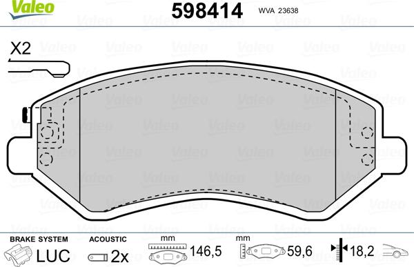 Valeo 598414 - Bremžu uzliku kompl., Disku bremzes www.autospares.lv