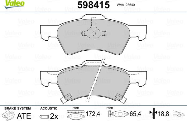 Valeo 598415 - Тормозные колодки, дисковые, комплект www.autospares.lv