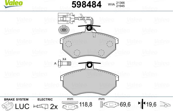 Valeo 598484 - Bremžu uzliku kompl., Disku bremzes www.autospares.lv