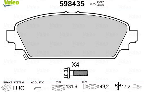 Valeo 598435 - Brake Pad Set, disc brake www.autospares.lv