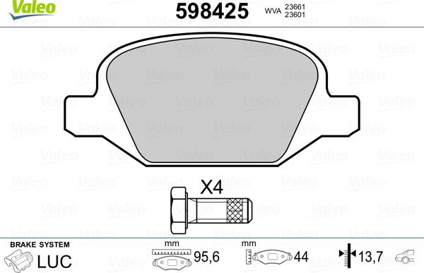 Valeo 598425 - Тормозные колодки, дисковые, комплект www.autospares.lv