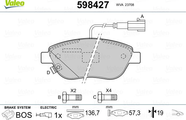 Valeo 598427 - Brake Pad Set, disc brake www.autospares.lv