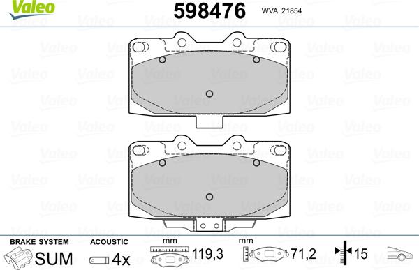 Valeo 598476 - Brake Pad Set, disc brake www.autospares.lv