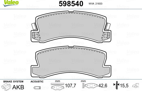 Valeo 598540 - Тормозные колодки, дисковые, комплект www.autospares.lv