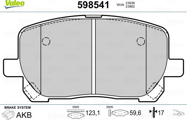 Valeo 598541 - Brake Pad Set, disc brake www.autospares.lv