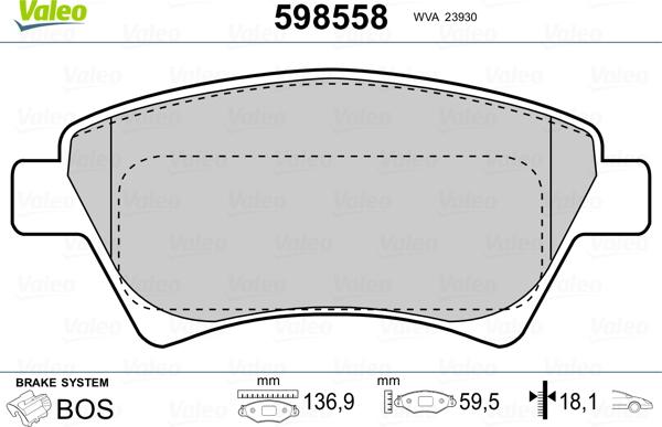 Valeo 598558 - Тормозные колодки, дисковые, комплект www.autospares.lv