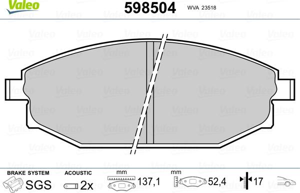 Valeo 598504 - Bremžu uzliku kompl., Disku bremzes www.autospares.lv