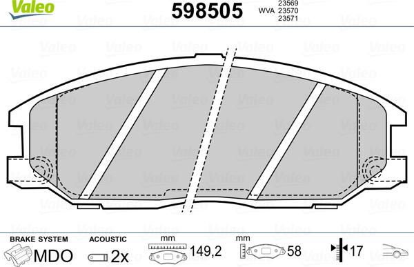 Valeo 598505 - Brake Pad Set, disc brake www.autospares.lv