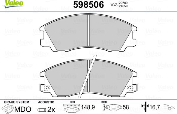 Valeo 598506 - Bremžu uzliku kompl., Disku bremzes www.autospares.lv