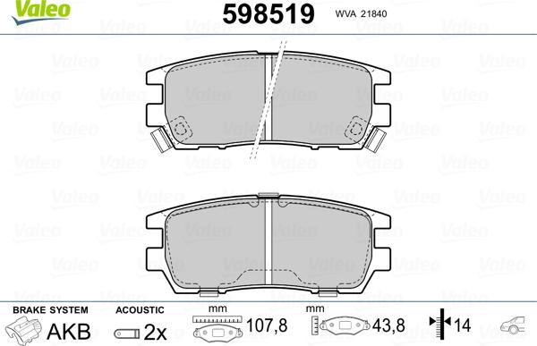 Valeo 598519 - Тормозные колодки, дисковые, комплект www.autospares.lv