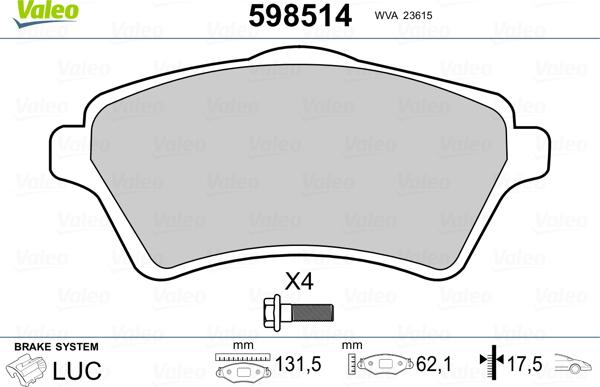 Valeo 598514 - Bremžu uzliku kompl., Disku bremzes www.autospares.lv