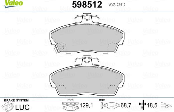 Valeo 598512 - Тормозные колодки, дисковые, комплект www.autospares.lv