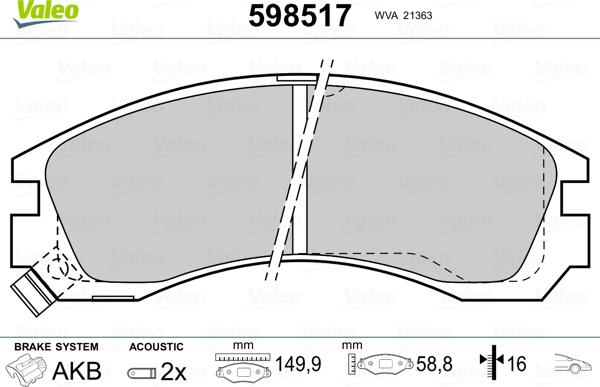 Valeo 598517 - Bremžu uzliku kompl., Disku bremzes www.autospares.lv