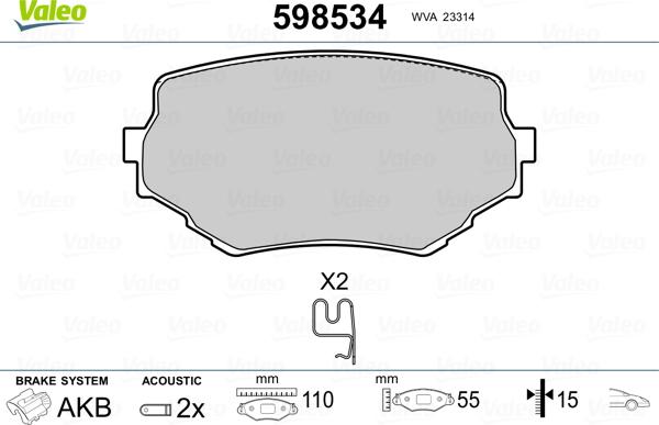 Valeo 598534 - Тормозные колодки, дисковые, комплект www.autospares.lv