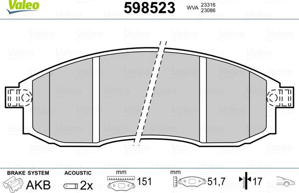 Valeo 598523 - Brake Pad Set, disc brake www.autospares.lv