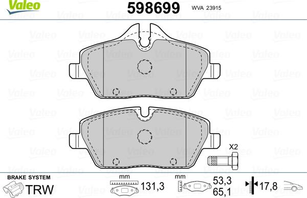 Valeo 598699 - Bremžu uzliku kompl., Disku bremzes www.autospares.lv