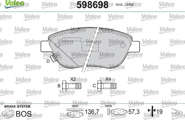 Valeo 598698 - Bremžu uzliku kompl., Disku bremzes www.autospares.lv