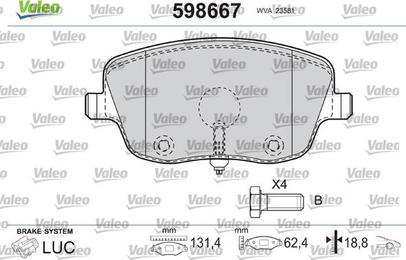 Valeo 598667 - Тормозные колодки, дисковые, комплект www.autospares.lv