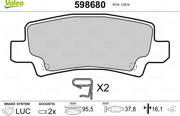 Valeo 598680 - Bremžu uzliku kompl., Disku bremzes www.autospares.lv