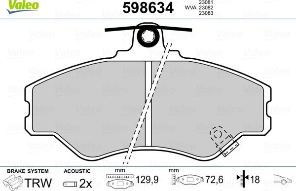 Valeo 598634 - Тормозные колодки, дисковые, комплект www.autospares.lv