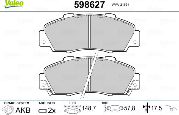 Valeo 598627 - Brake Pad Set, disc brake www.autospares.lv