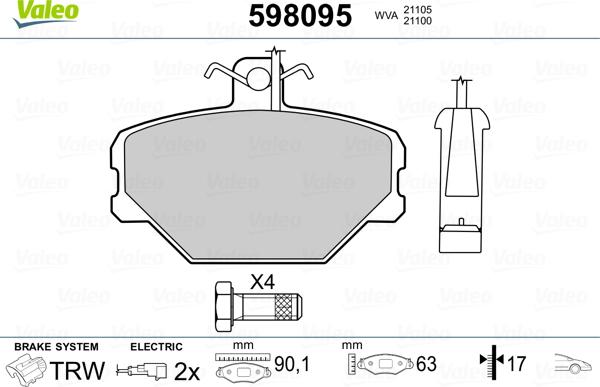 Valeo 598095 - Brake Pad Set, disc brake www.autospares.lv