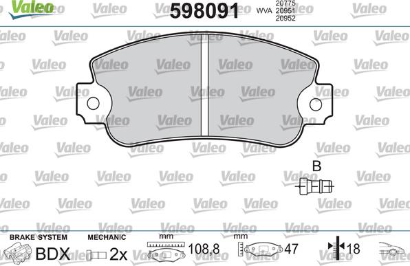 Valeo 598091 - Тормозные колодки, дисковые, комплект www.autospares.lv