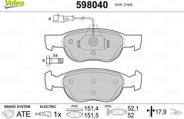 Valeo 598040 - Brake Pad Set, disc brake www.autospares.lv