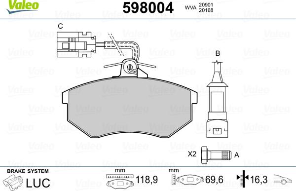 Valeo 598004 - Bremžu uzliku kompl., Disku bremzes www.autospares.lv