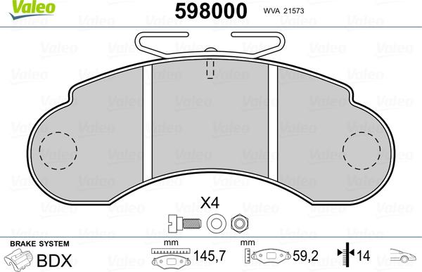 Valeo 598000 - Bremžu uzliku kompl., Disku bremzes www.autospares.lv