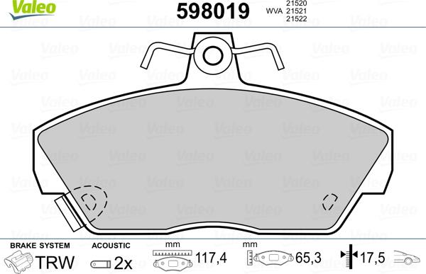 Valeo 598019 - Brake Pad Set, disc brake www.autospares.lv