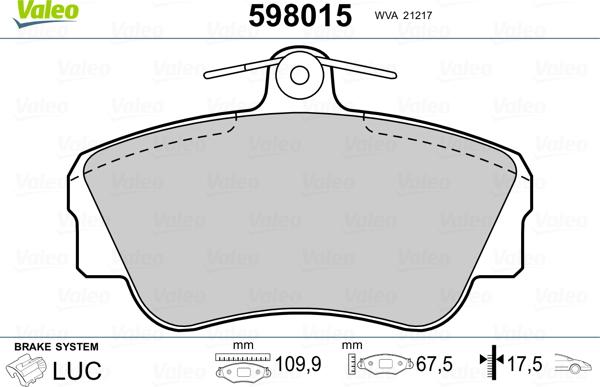 Valeo 598015 - Bremžu uzliku kompl., Disku bremzes www.autospares.lv