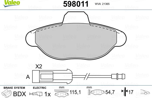 Valeo 598011 - Brake Pad Set, disc brake www.autospares.lv