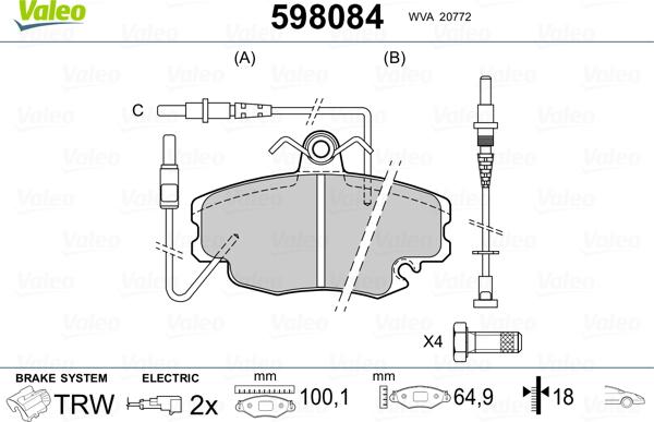 Valeo 598084 - Тормозные колодки, дисковые, комплект www.autospares.lv