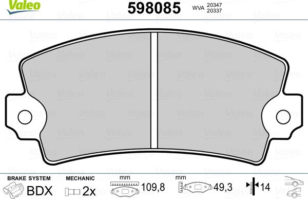 Valeo 598085 - Brake Pad Set, disc brake www.autospares.lv