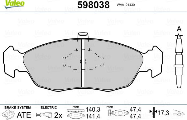 Valeo 598038 - Brake Pad Set, disc brake www.autospares.lv