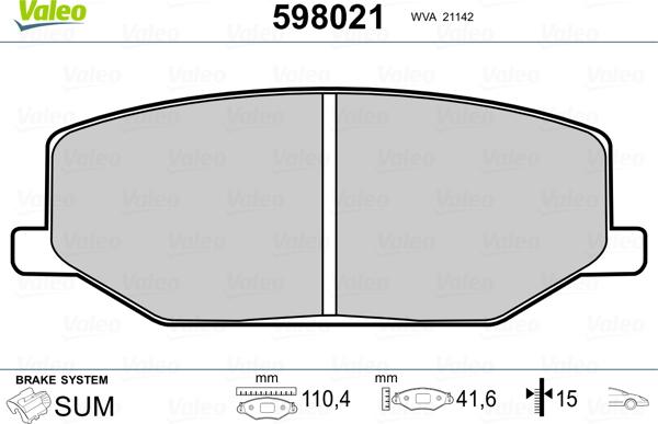 Valeo 598021 - Brake Pad Set, disc brake www.autospares.lv