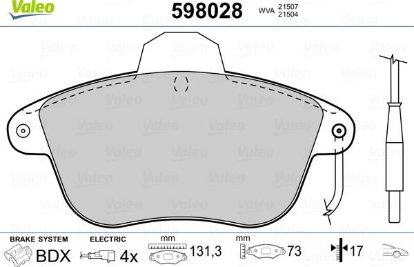 Valeo 598028 - Bremžu uzliku kompl., Disku bremzes www.autospares.lv