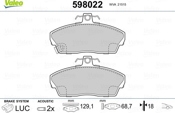 Valeo 598022 - Brake Pad Set, disc brake www.autospares.lv