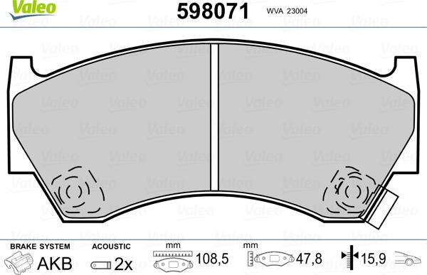 Valeo 598071 - Тормозные колодки, дисковые, комплект www.autospares.lv