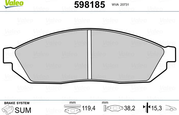 Valeo 598185 - Brake Pad Set, disc brake www.autospares.lv