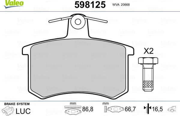 Valeo 598125 - Тормозные колодки, дисковые, комплект www.autospares.lv