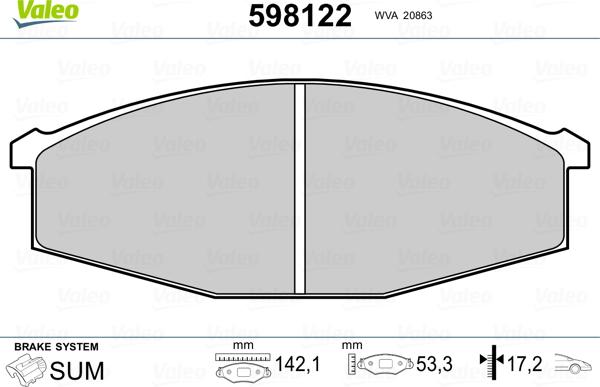 Valeo 598122 - Bremžu uzliku kompl., Disku bremzes www.autospares.lv