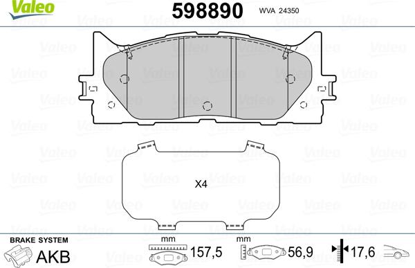 Valeo 598890 - Bremžu uzliku kompl., Disku bremzes www.autospares.lv