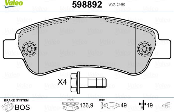 Valeo 598892 - Brake Pad Set, disc brake www.autospares.lv